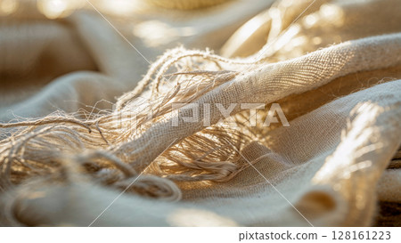 A piece of fabric with frayed edges and a light color. The frayed edges give the fabric a worn and aged appearance A piece of fabric with frayed edges and a light color. The frayed edges give the fabric a worn and aged appearance 128161223