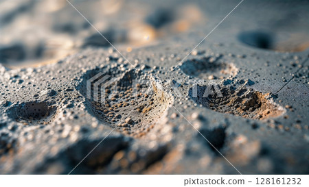 A close up of a rocky beach with a few footprints in the sand. Concept of solitude and peacefulness, as the footprints are the only signs of human presence in the otherwise empty beach 128161232