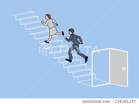 A man and woman opening a door and running up the stairs 128161237