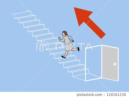 A woman opens a door and runs up the stairs with an upward arrow A woman opens a door and runs up the stairs with an upward arrow 128161238