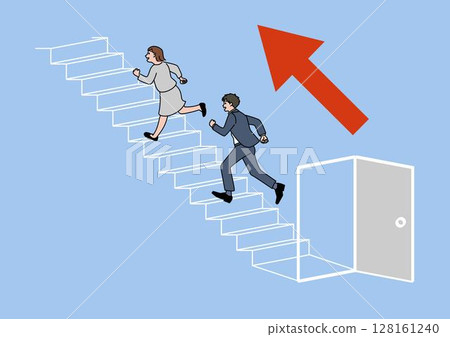 A man and woman opening a door and running up the stairs with an upward arrow 128161240