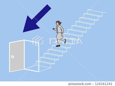 A woman descending a staircase with an open door and a down arrow 128161242