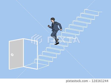 一名男子走下樓梯,門開著 一名男子走下樓梯,門開著 128161244