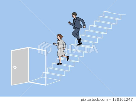 A man and woman walking down a staircase with an open door 128161247