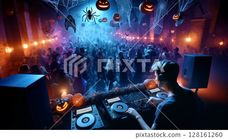 In the flickering candlelight, a skeleton DJ with an eerie mask masterfully spins tracks, setting the tone for a Halloween party that's both spine-chilling and rhythmically enchanting. 128161260