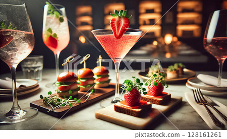 A strawberry cocktail garnished with a fresh strawberry, alongside gourmet toast topped with microgreens and a plate of sliders. The scene is set in a dimly lit atmosphere, with soft light 128161261