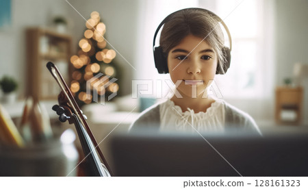 In a sunlit cozy room, a focused young girl with fair skin practices violin through an online tutorial, her violin ready by her side, signaling her dedication to mastering the instrument. 128161323