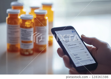 Photorealistic close-up of a person using a digital pharmacy app on their smartphone to refill a prescription, with orange pill bottles labeled with patient information in the background on a white 128161386
