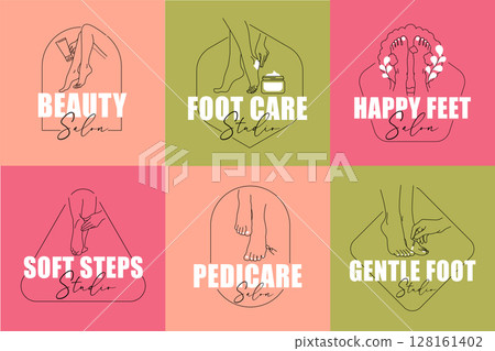 Beauty and Foot Care Logo Kit. Premade Pedicure and Salon Branding Badges in a vector illustration 128161402