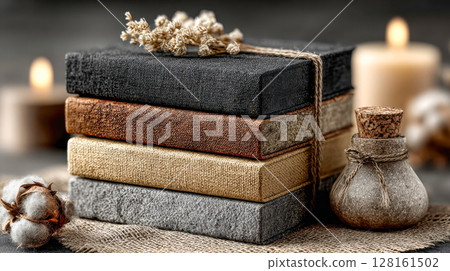 Stack of rustic, fabric-covered books tied with twine, placed on a wooden surface with cozy, natural decor 128161502