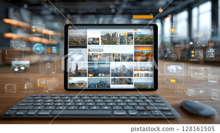 Tablet on a desk displaying social media and news feeds, surrounded by floating digital icons Tablet on a desk displaying social media and news feeds, surrounded by floating digital icons 128161505