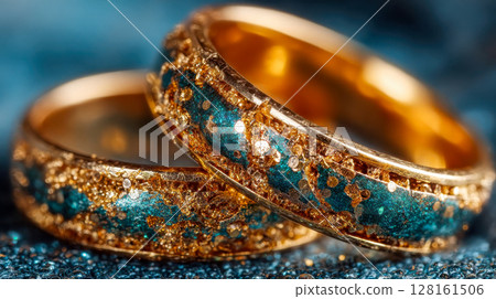 Close-up of two ornate golden wedding rings adorned with intricate patterns and sparkling gemstones, set against a shimmering blue background 128161506