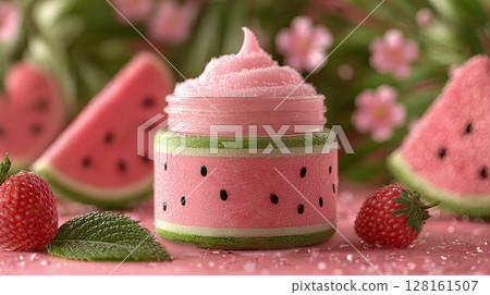 Jar of watermelon-themed skincare cream with condensation, decorated to resemble a watermelon, set among fresh strawberries and watermelon slices Jar of watermelon-themed skincare cream with condensation, decorated to resemble a watermelon, set among fresh strawberries and watermelon slices 128161507