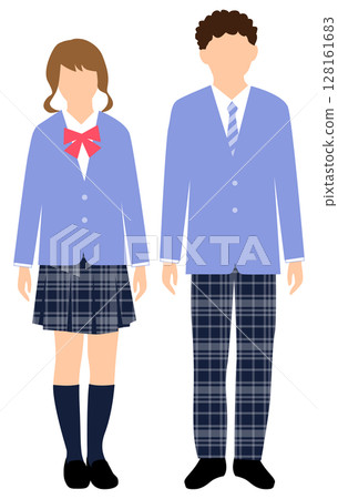 Male and female students wearing light blue and checkered uniforms Male and female students wearing light blue and checkered uniforms 128161683