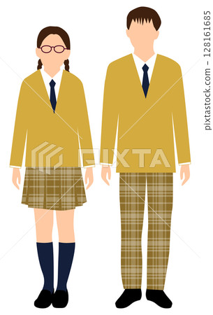 身著卡其色制服的男女學生 128161685