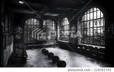 Dramatic Black and White Gym Interior with...-插圖素材 [128161793] - PIXTA圖庫