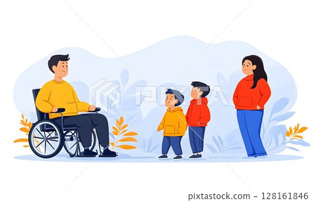 Happy Family Gathering: Man in Wheelchair with Wife and Sons 128161846