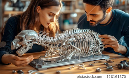 Intricate metal bear skeleton model examined by two focused indi 128161870