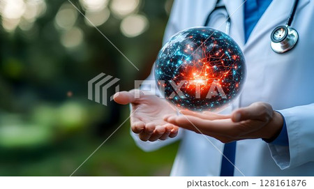 Doctor's Hands Gently Hold Glowing Neural Network Sphere 128161876