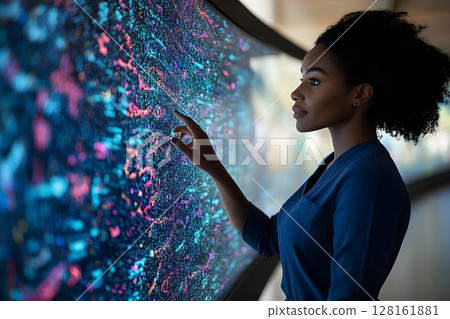 Woman Interacting with a Large Interactive Display of Abstract D Woman Interacting with a Large Interactive Display of Abstract D 128161881