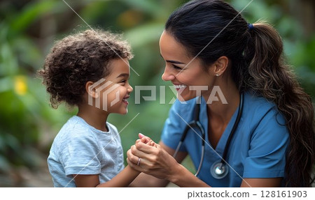 Smiling nurse holding hands with a young child in a comforting o 128161903