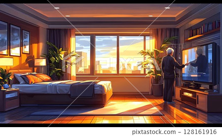 Morning Light Illuminates a Bedroom as a Man Watches TV with a C 128161916