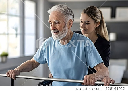 Elderly Man Assisted by Caregiver During Physical Therapy Elderly Man Assisted by Caregiver During Physical Therapy 128161922