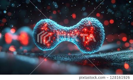Glowing Cyan and Red Cellular Structure on Dark Surface 128161926