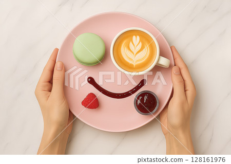 Female hands holding pink plate with cup of coffee and macaroons. Marble background. Cheerful breakfast Female hands holding pink plate with cup of coffee and macaroons. Marble background. Cheerful breakfast 128161976