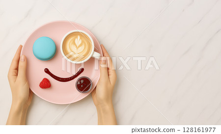 Female hands holding pink plate with cup of coffee and macaroons. Marble background. Cheerful breakfast Female hands holding pink plate with cup of coffee and macaroons. Marble background. Cheerful breakfast 128161977