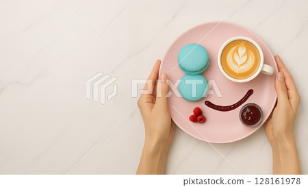 Female hands holding pink plate with cup of coffee and macaroons. Marble background. Cheerful breakfast Female hands holding pink plate with cup of coffee and macaroons. Marble background. Cheerful breakfast 128161978