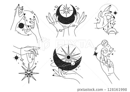 Vector set of magic and astrology, occult icon. Celestial sign with hands for mystical or zodiac, tarot and witchcraft, esoteric theme. Cartoon amulet or talisman, tattoo element. Star and planet 128161998