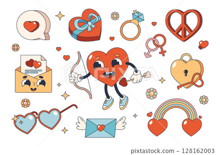 Set of romantic icons, vector stickers. Heart cupid character, rainbow, diamond ring and gift, letter, glasses, gender sign, pacific or hippie symbol. Valentines day holiday. Retro 60s style. Set of romantic icons, vector stickers. Heart cupid character, rainbow, diamond ring and gift, letter, glasses, gender sign, pacific or hippie symbol. Valentines day holiday. Retro 60s style. 128162003