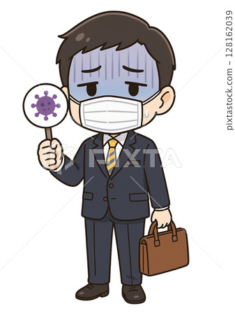 A male businessman wearing a mask holding a virus symbol 128162039
