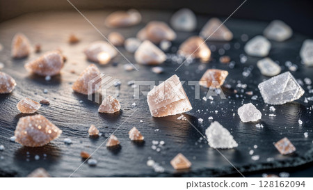 A black surface with a variety of sugar cubes scattered across it. The sugar cubes are of different sizes and shapes, creating a visually interesting and diverse pattern 128162094