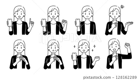 Illustration set of a woman holding a smartphone 128162289