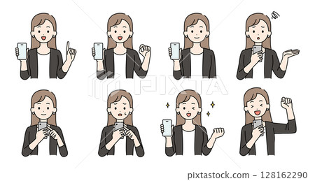 Illustration set of a woman holding a smartphone 128162290