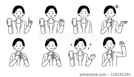 Illustration set of a woman holding a smartphone 128162291