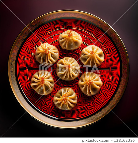 Elegant Dumplings on Vibrant Decorative Plate 128162356