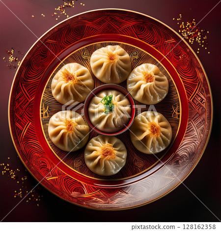 Elegant Dumplings on Vibrant Decorative Plate Elegant Dumplings on Vibrant Decorative Plate 128162358