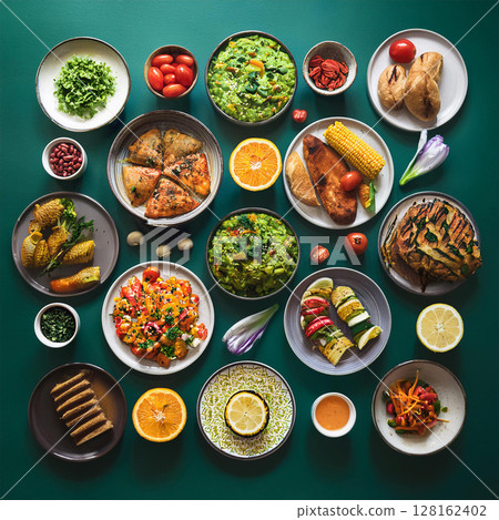 Colorful Dishes Arranged on Dark Green 128162402