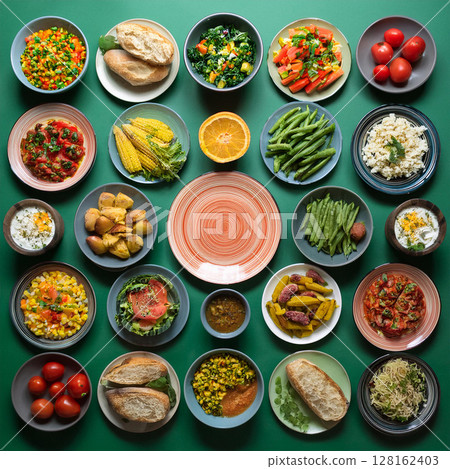 Colorful Dishes Arranged on Dark Green 128162403