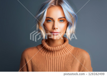 Enigmatic Young Woman with Striking Blue Eyes Enigmatic Young Woman with Striking Blue Eyes 128162499