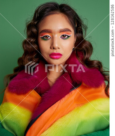 Enigmatic Beauty in Multicolored Fluffy Coat 128162586