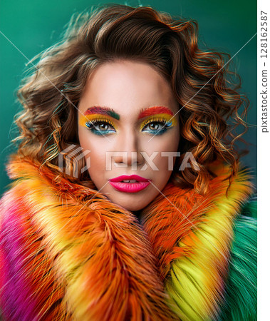 Enigmatic Beauty in Multicolored Fluffy Coat 128162587