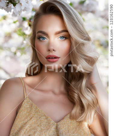 Graceful Young Woman in Floral Sundress 128162590