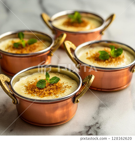 Exquisite Custard Dessert in Copper Pots 128162620