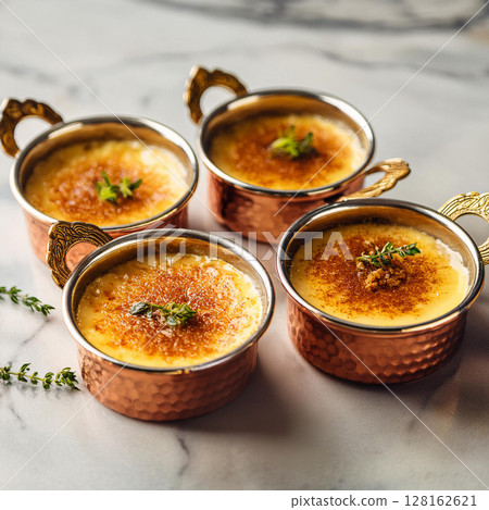 Exquisite Custard Dessert in Copper Pots Exquisite Custard Dessert in Copper Pots 128162621