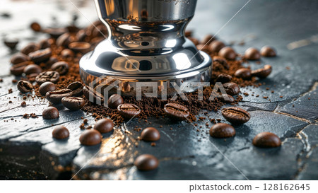 A coffee grinder is grinding coffee beans on a counter. The coffee beans are scattered all over the counter, and the grinder is in the middle of the pile 128162645