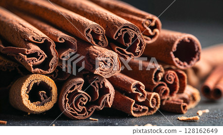 A pile of cinnamon sticks on a dark surface. The sticks are brown and have a slightly rough texture. Concept of warmth and comfort, as cinnamon is often associated with cozy and comforting scents 128162649
